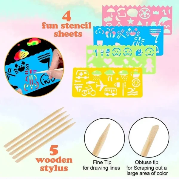 Rainbow Scratch Paper Crafts with Wooden Pencil for Kids DIY Gift