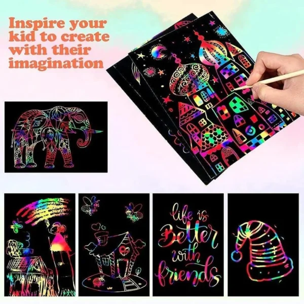 Rainbow Scratch Paper Crafts with Wooden Pencil for Kids DIY Gift